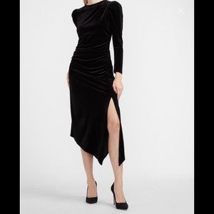 Express velvet ruched side asymmetrical midi dress